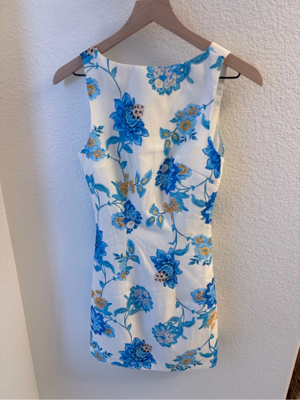 Commense White Mini Dress with Blue and Gold Floral Print